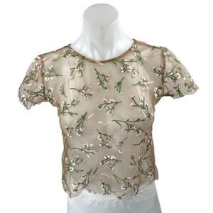 Urban Outfitters Kimchi Brown Mesh Floral Embroidered Sheer Crop Blouse Top XS